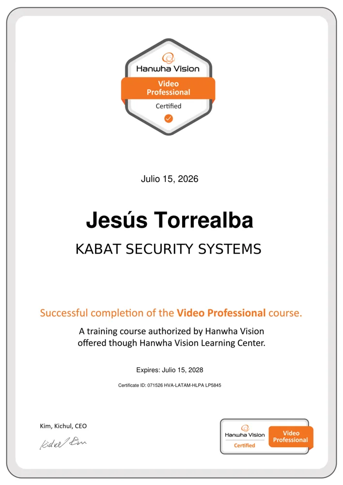 Certificado Hanwha Vision Video Professional a nombre de Jesús Torrealba, 15 de julio de 2026