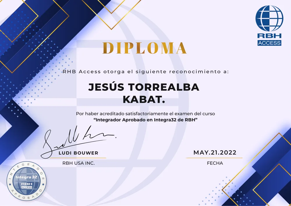 Diploma RBH Access Integrador Aprobado en Integra32 a nombre de Jesús Torrealba, 21 de mayo de 2022